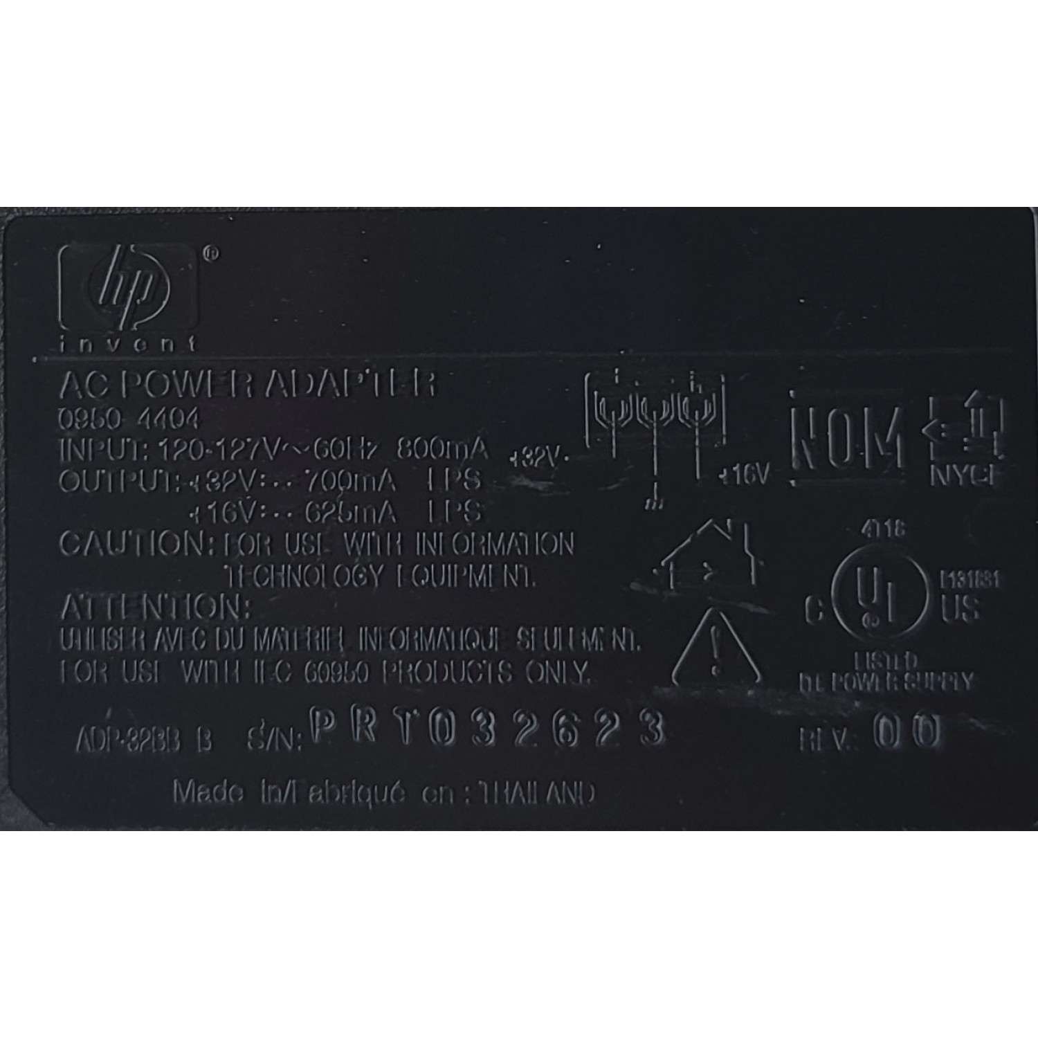 ADAPTADOR AC HP / NUMERO DE PARTE 0950-4404 / PRT032623 / 32V - 700MA / 16V - 625MA	 - Imagen 2